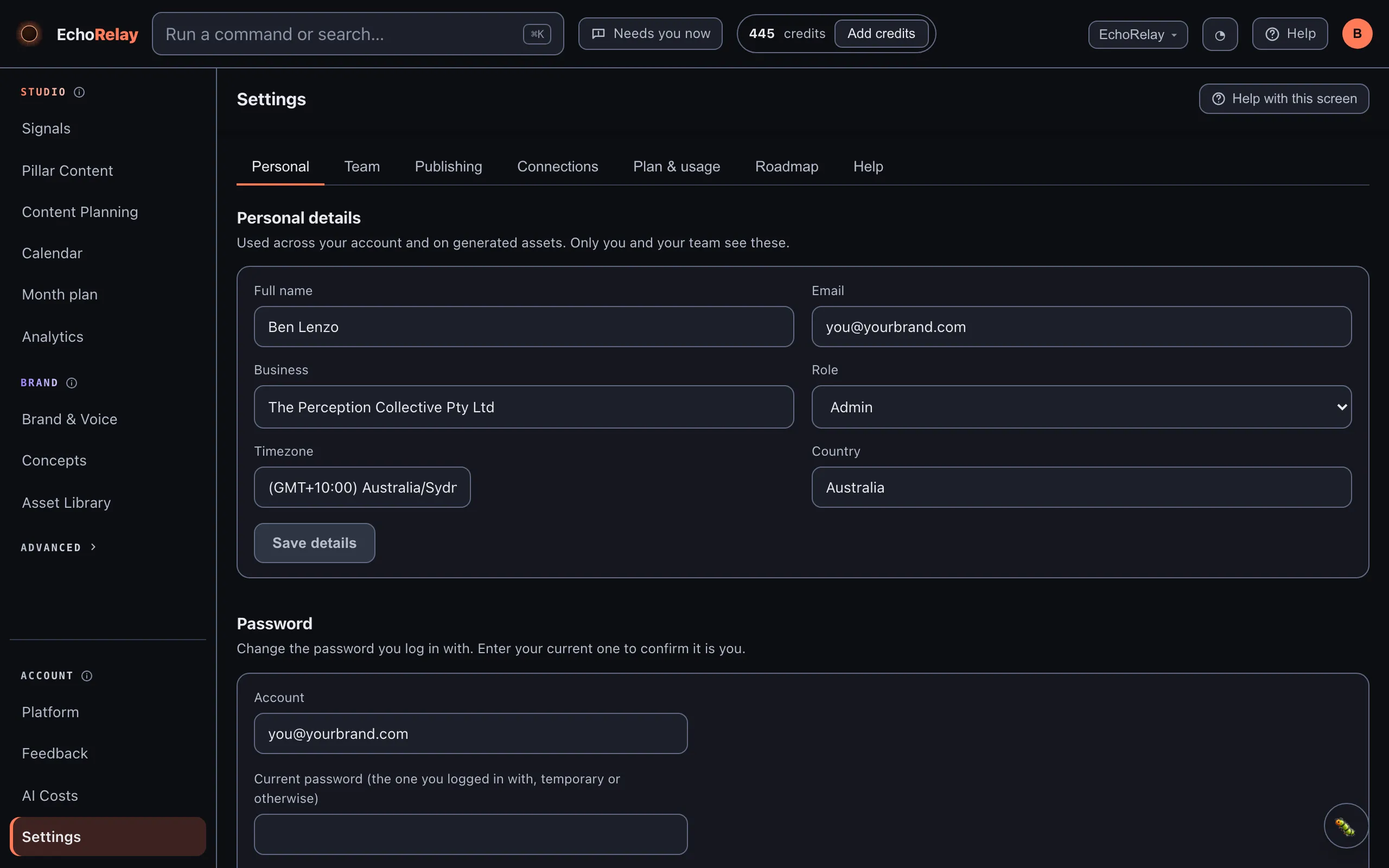 The account and display name fields in Settings