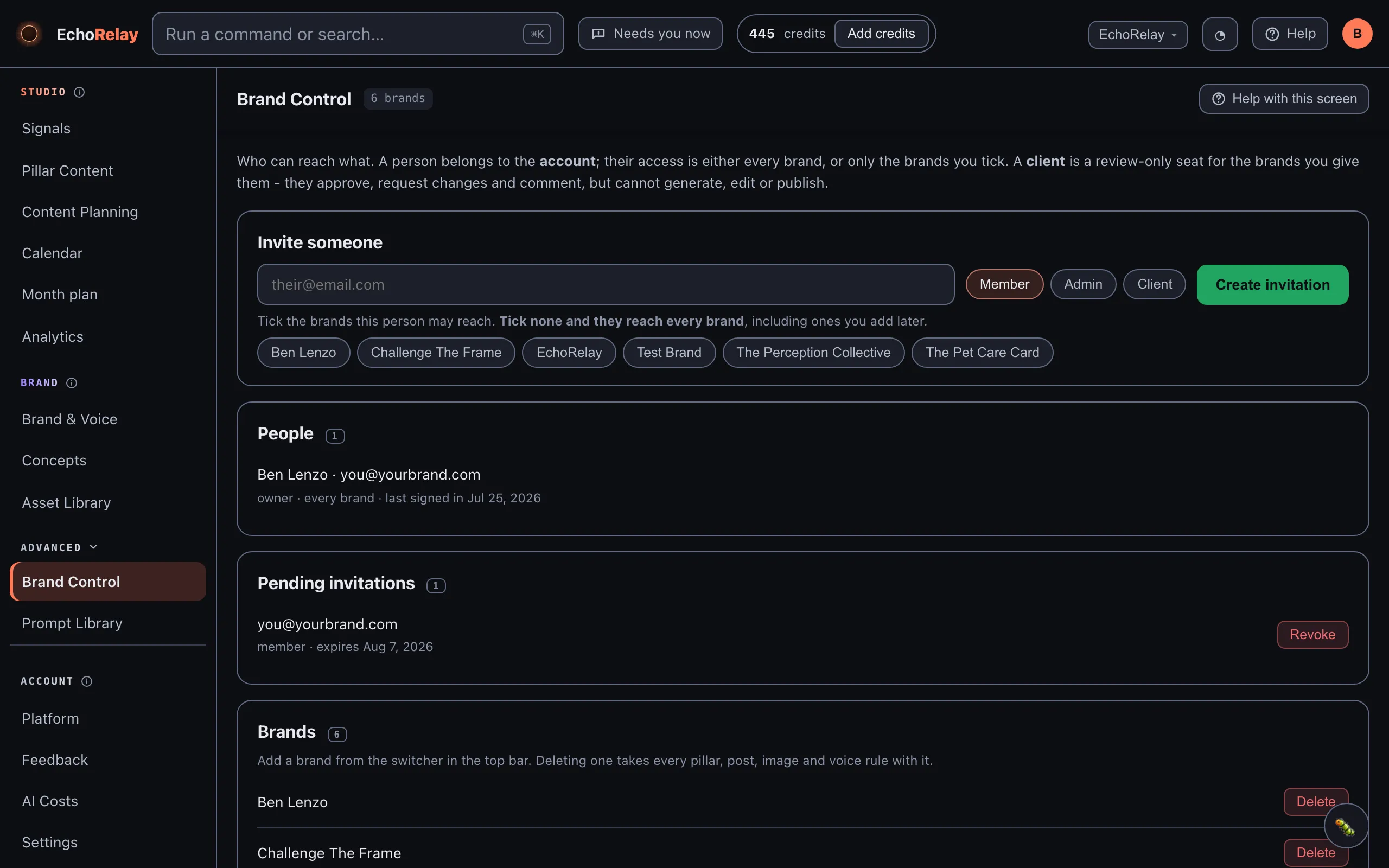Brand Control: the invite form with the Member, Admin and Client roles