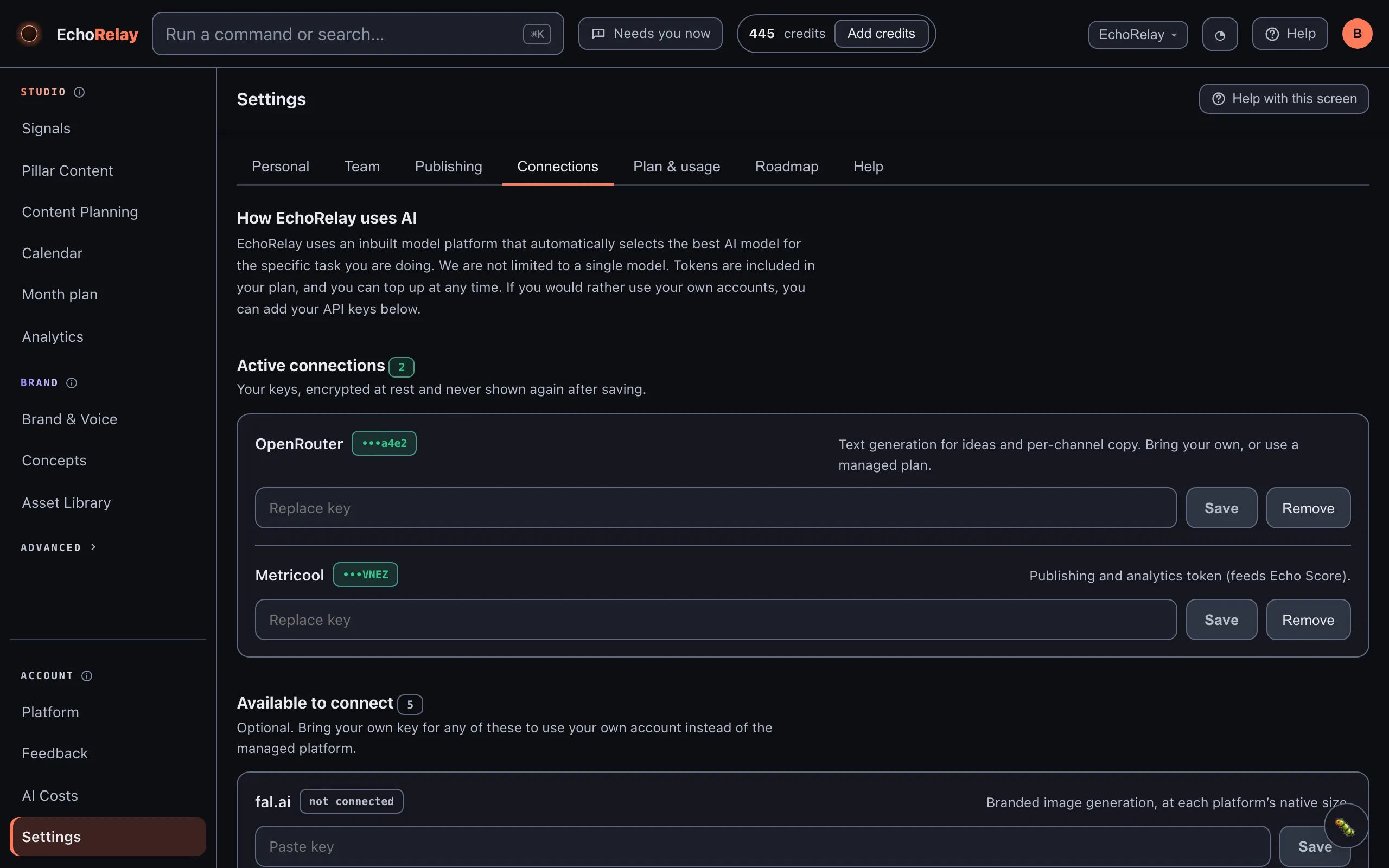 Settings → Connections: the managed platform, active connections, and where to add your own keys