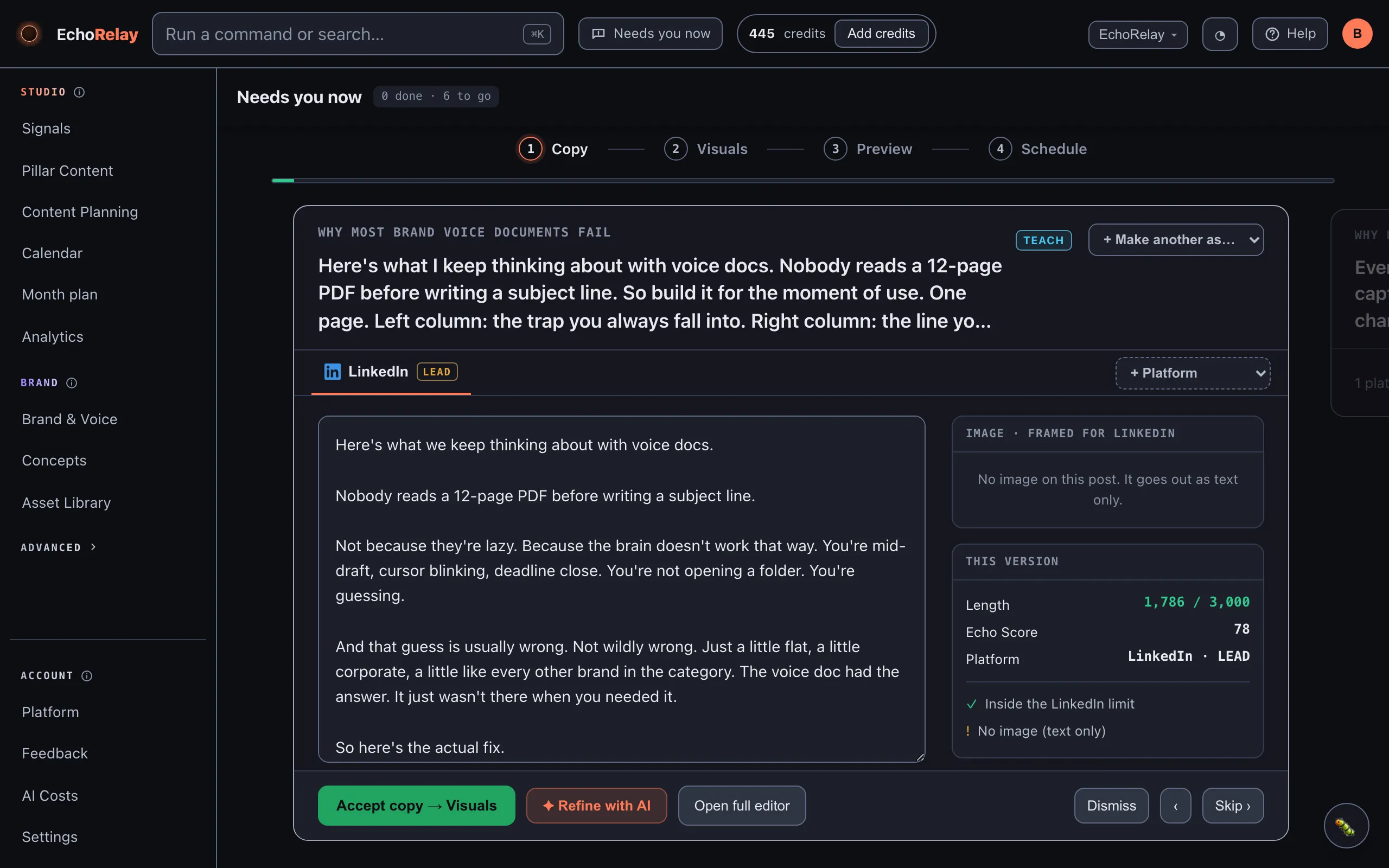 The Deck at the Copy stage, with the Copy, Visuals, Preview and Schedule stepper