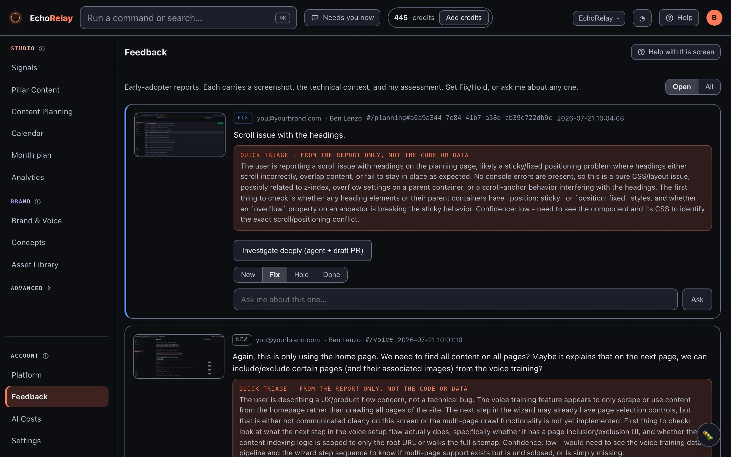 The feedback screen