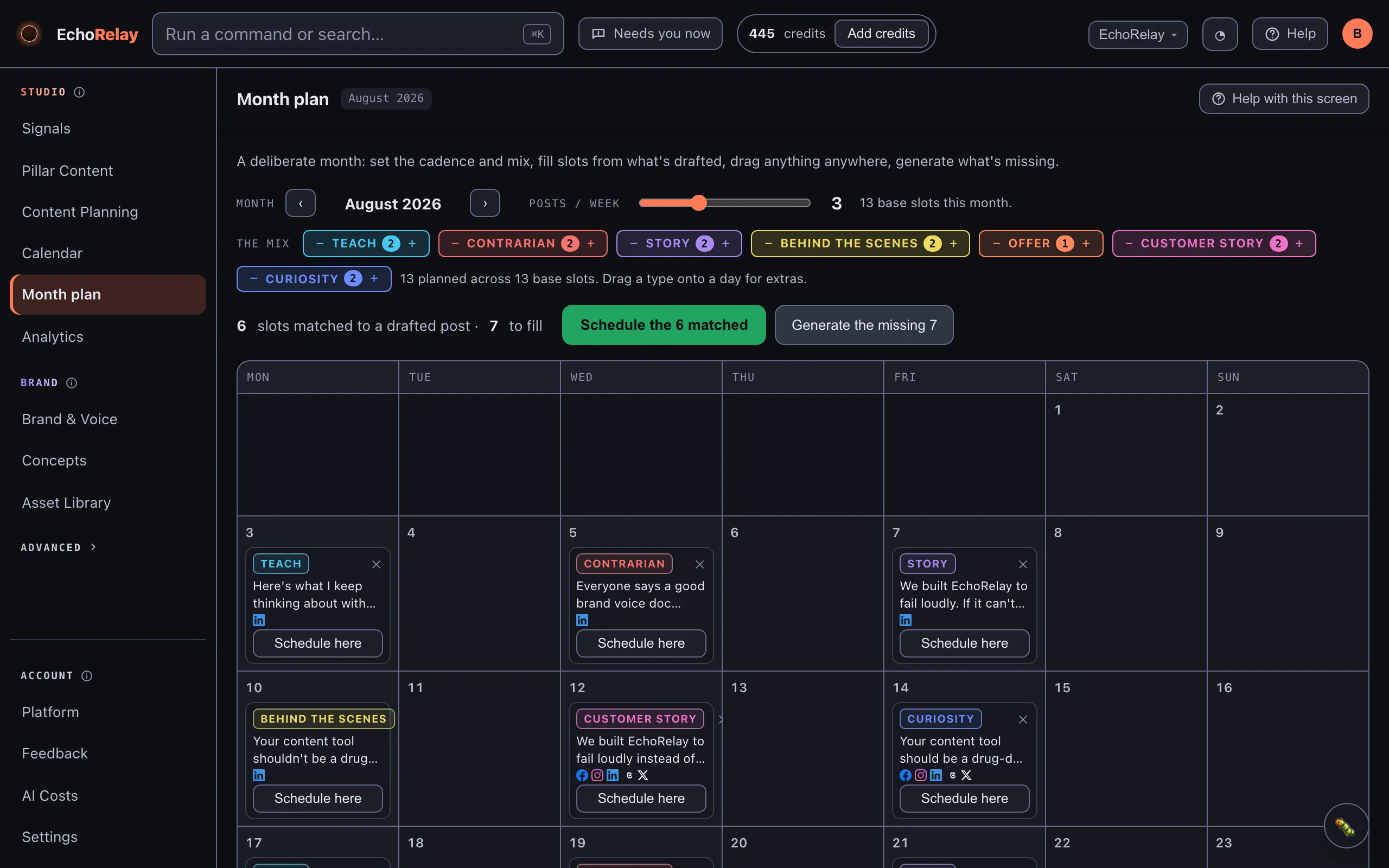 The Month plan calendar view, with typed posts across the month