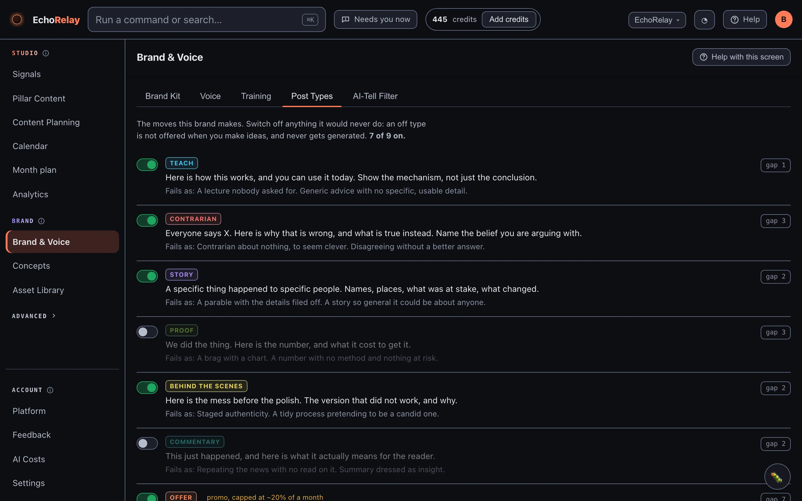 The Post Types tab in Brand &amp; Voice
