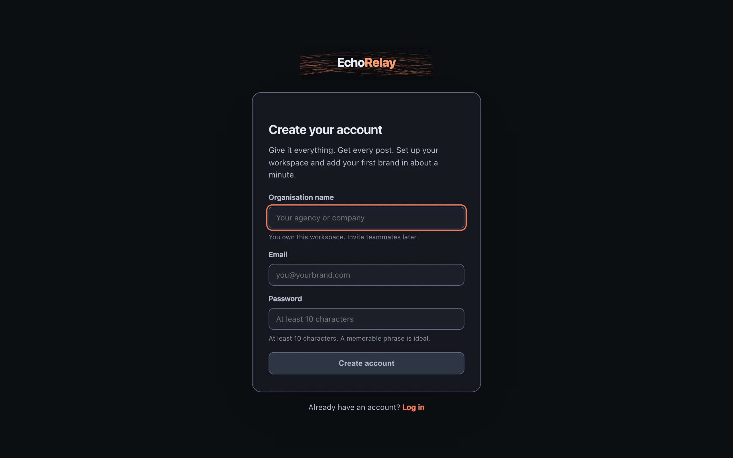 The EchoRelay Sign up screen